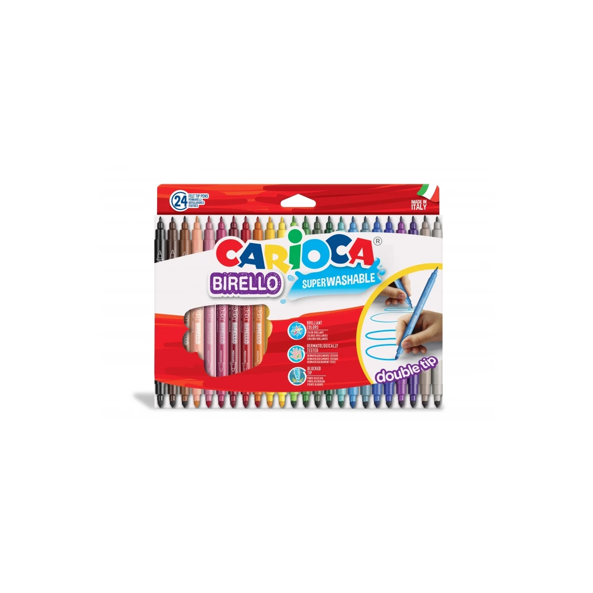 Carioca Birello Pacote com 24 Marcadores - Ponta Dupla Fina e Média - Tinta Super Lavável Não Tóxica - Lavável da Pele e Tecidos com Água e Sem Sabão - Várias Cores