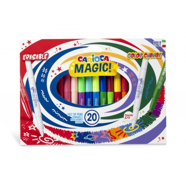 Carioca Magic Markers Pacote com 20 marcadores mágicos - Magic Ink muda de cor - Inclui marcador Magink para alterar ou apagar cores - Ponta Maxi Blocked com tampa ventilada - Cores sortidas
