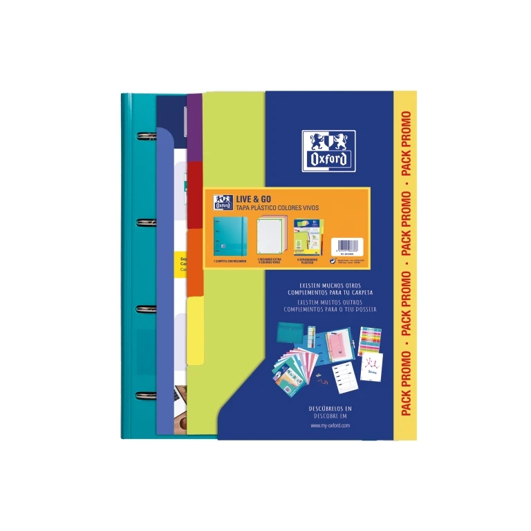 Oxford Europeanbinder Live & Go Pasta tamanho A4+ com refil + divisórias - Capa de plástico de poliespuma - Cores vivas aleatórias