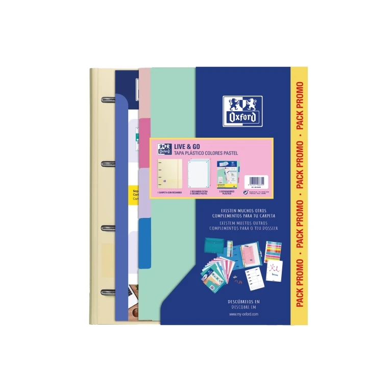 Oxford Europeanbinder Live & Go Pasta tamanho A4+ com refil + divisórias - Capa de plástico de poliespuma - Cores pastel aleatórias