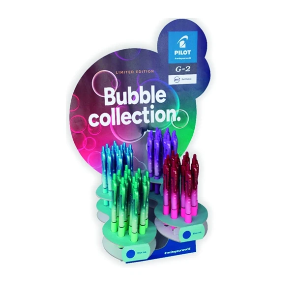 Expositor da coleção Pilot G2 Bubble de 48 canetas de gel retráteis - Esferográfica 0,7 mm - Curso 0,32 mm - Punho ergonômico - Recarregável - Corpo em cores sortidas - Cor de tinta azul