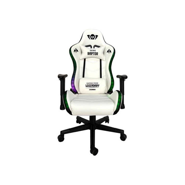 Chromad Serie Raptor Legendary Silla Gaming - Altura ajustável com pistão a gás Classe 2 - Reclinável até 180º - Cojines lombares e cervicais - 60mm Nailon Ruedas - Ilumination RGB - cor branca