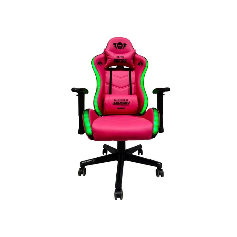 Chromad Serie Raptor Legendary Silla Gaming - Altura ajustável com pistão a gás Classe 2 - Reclinável até 180º - Cojines lombares e cervicais - 60mm Nailon Ruedas - RGB Ilumination - cor rosa