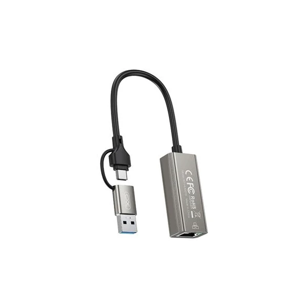XO Hub018 Red RJ45 Adaptador para USB 3.0 y USB -C - cor prata