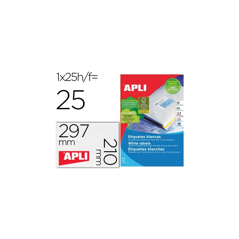 Etiquetas adesivas apli 1215 formato 210x297 mm para fotocopia laser tinteiro caixa com 25 folhas com 25