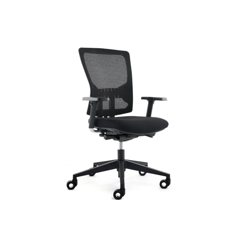Silla de oficina rocada brazos regulables asiento tela ignifuga y respaldo malla color negro