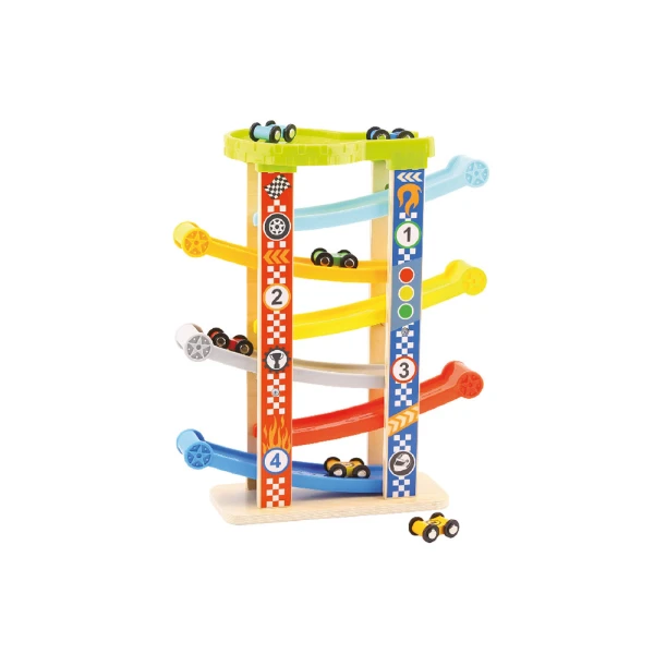 Jogo infantil liderpapel madeira torre de deslizamento com 7 niveis inclui 6 carros +18 meses 38x32x14cm