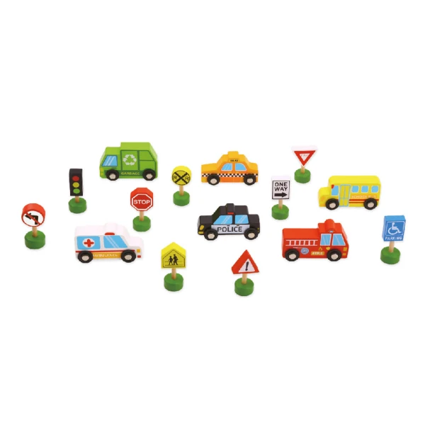 Jogo infantil liderpapel madeira veiculos e sinais de transito +3 anos 16 pecas 30x22x4cm