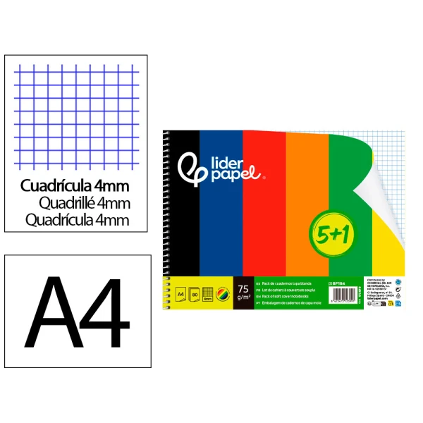 Caderno espiral liderpapel din a4 smart capa suave 80 f 75 gr quadricula 4mm com margem pack 5+1 cores sortidas