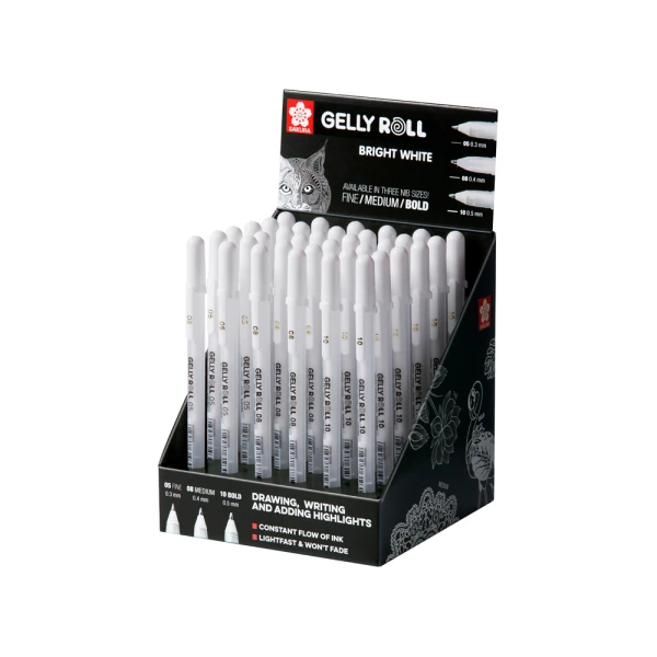 Rotulador sakura gel gelly roll gel color blanco expositor de 36 unidades surtidas 05 mm 08 mm y 10 mm