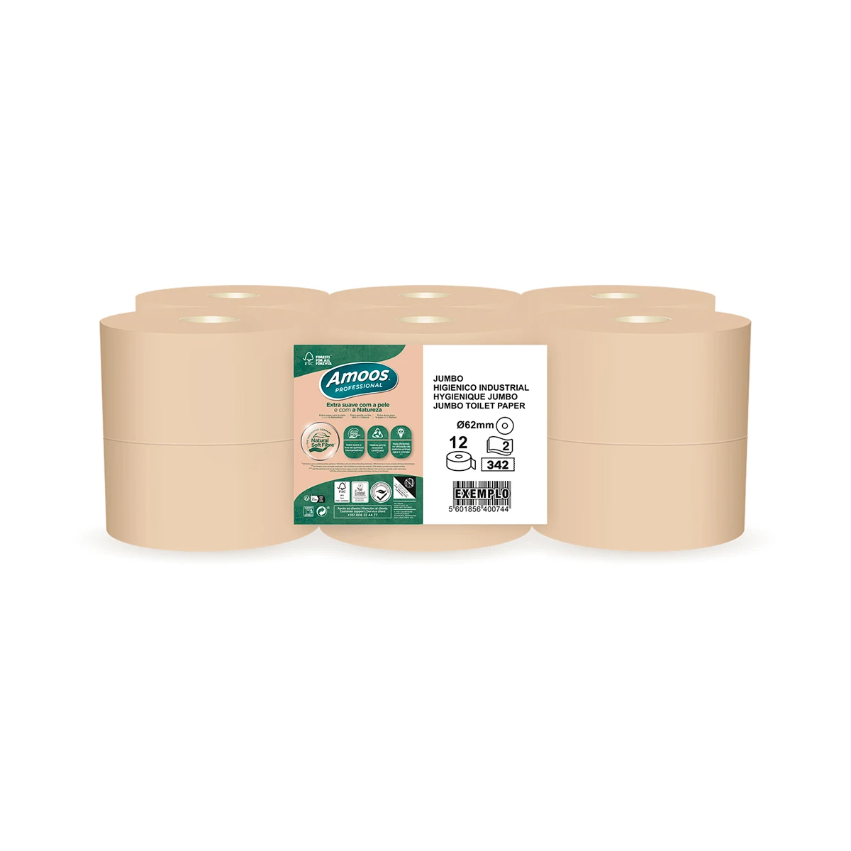 Papel higienico amoos naturally jumbo professional 2 capas pasta cruda paquete de 6 rollos 120 m