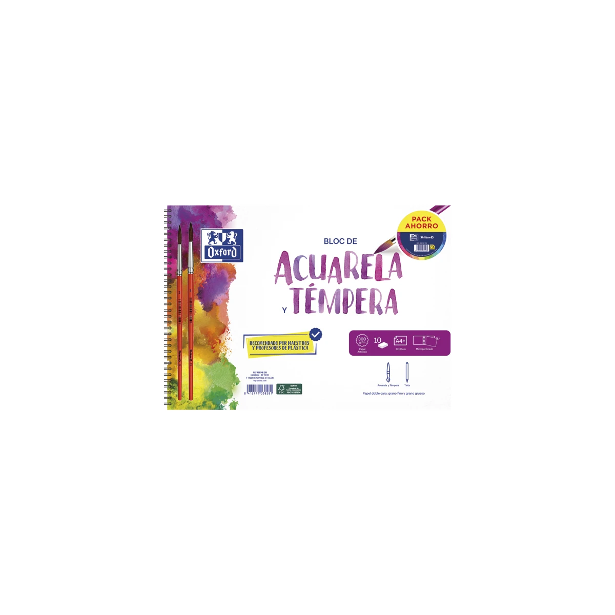 Bloc de dibujo oxford acuarela espiral din a4+ 10 hojas microperforado con pinceles