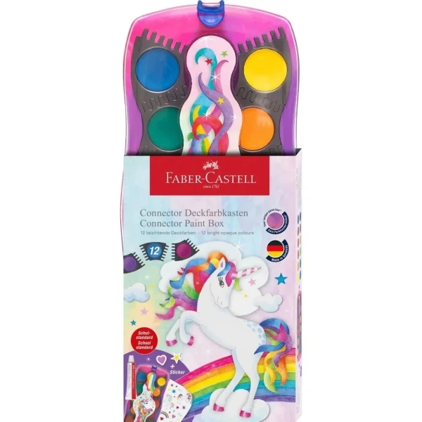Faber -Castell Connector Unicornio Pack de 12 Acuarelas em Pastilla + Opaca White Painting + Pegatinas - Great Opacidad - Facilmente mezclable