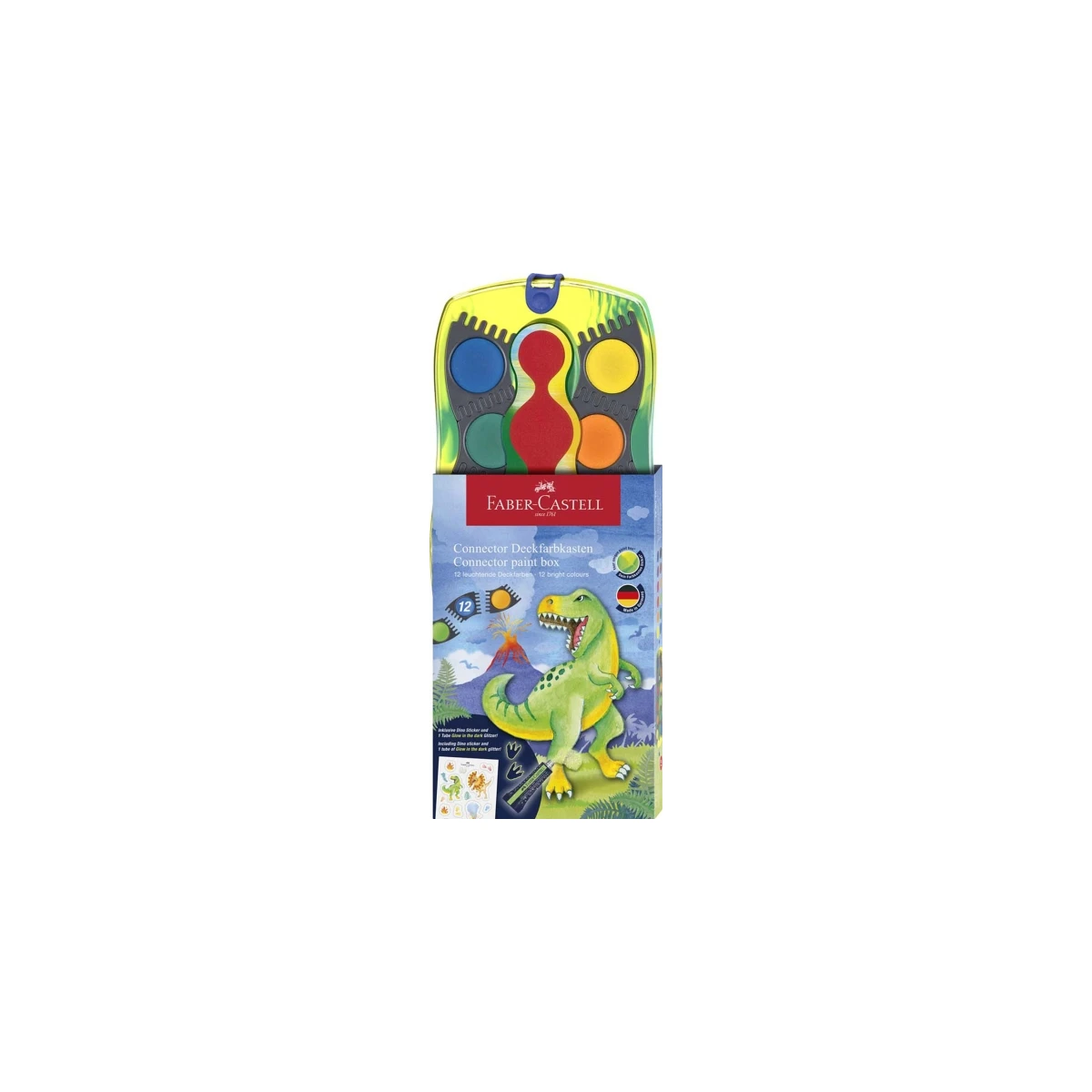 Faber -Castell Dinosaurio Connector Pack de 12 Acuarelas em Pill + Opaca White Painting + Pegatinas - Great Opacidad - Facilmente mezclable