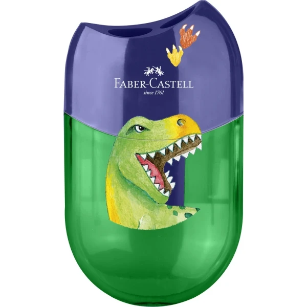 Faber -Castell Dinosaurio Sacapuntas de 2 buracos com deposito - Dinosaurio Atraente Dispensa - Verde/Azul Color