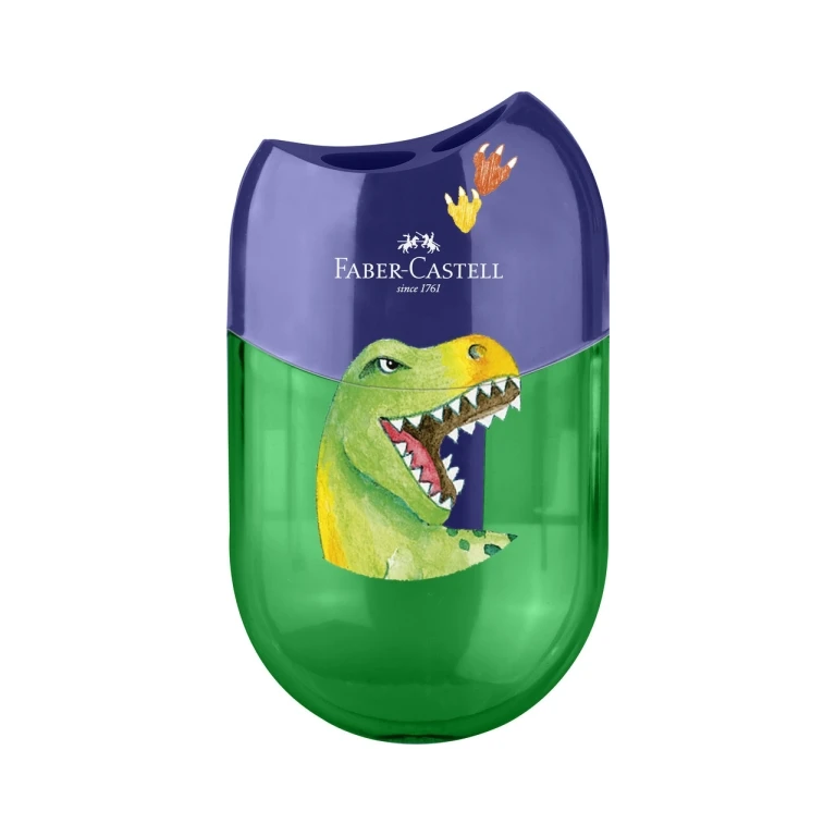 Faber -Castell Dinosaurio Sacapuntas de 2 buracos com deposito - Dinosaurio Atraente Dispensa - Verde/Azul Color