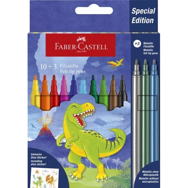 Faber -Castell Edicion Dinosaurios pacote de 13 louvores coloridos - 10 cores clássicas + 3 cores Metalizados - incluídas Dinosaurios pygutinas - tinta à base de Agua - Sutido Colors