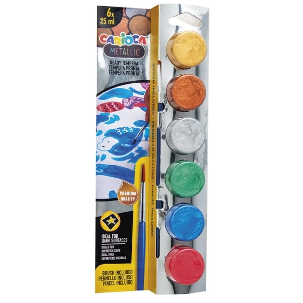 Pacote metálico carioca de 6 tempeas em botas de 25ml + pintel - superlavável - mezclables - colorido metálico