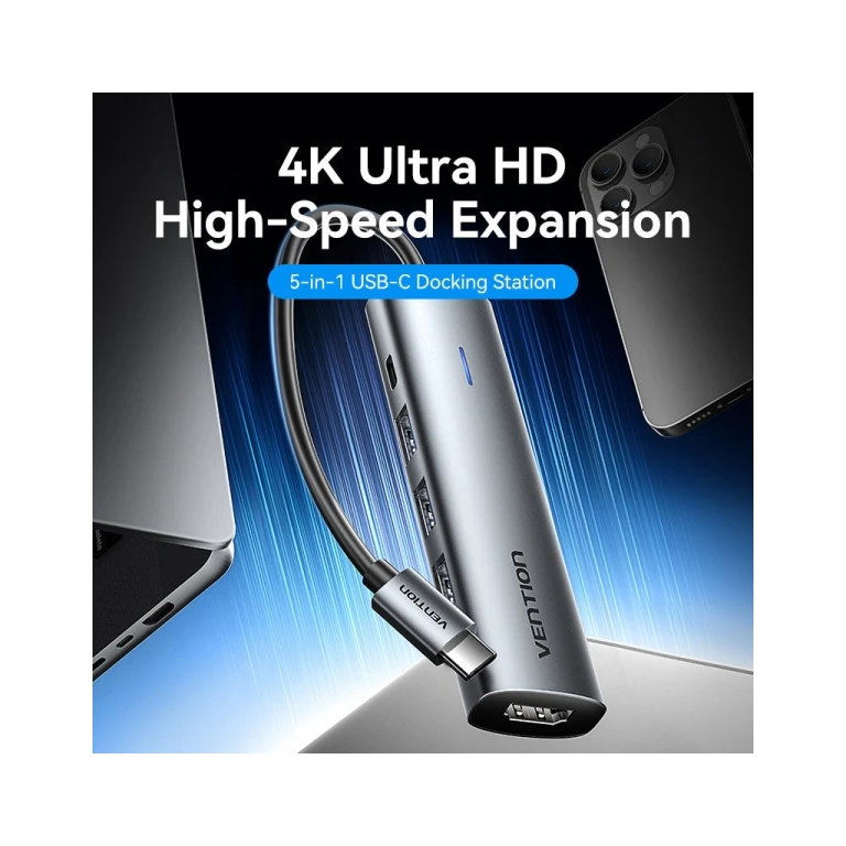 Estação de ancoragem de vendas 5 em 1 USB -C para HDMI/3XUSB3.0/USB -C PD 100W - 0,15M - Cor cinza
