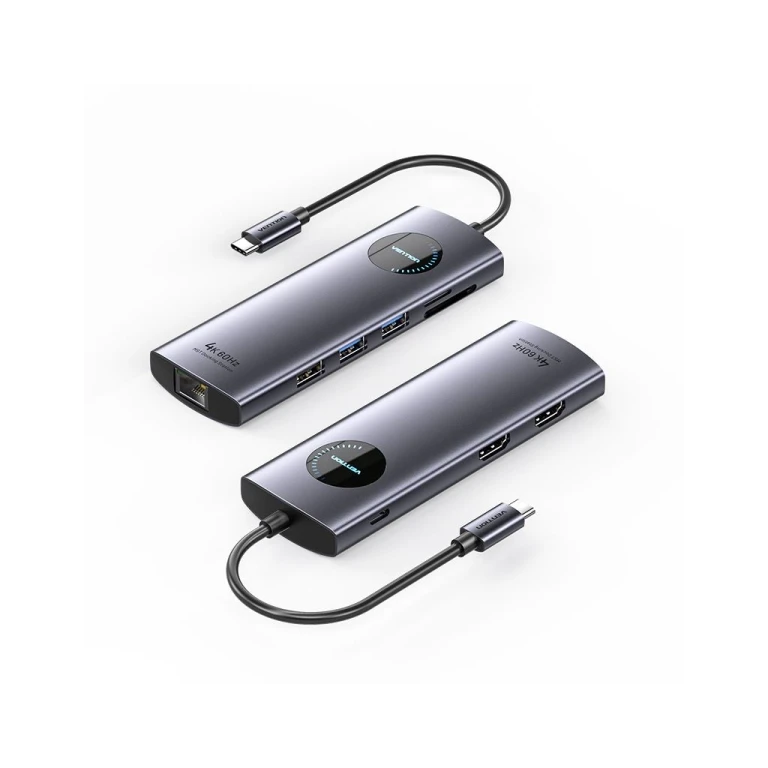Estação de docking de venda 9 em 1 USB -C A 2XHDMI/2XUSB3.0/USB 2.0/RJ45/SD/TF/PD 100W - 0,15M - Cor cinza