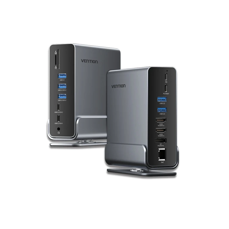 Estação de ancoragem de VENÇÃO 15 em 1 USB-C A DisplayPort/2xhdmi/USB-C 3.2 Gen2/USB-C 3.2 Gen1/2xusb 3.2 Gen2/USB3.0/2xusb2.0/rj45/sd/tf/3,5mm TRRS/PD 100W-GRAY COR