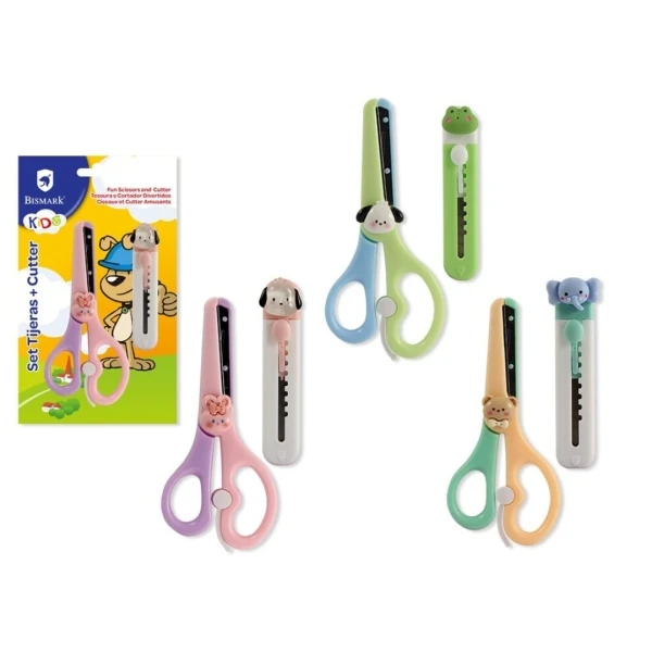 Bismark Kids Pack of School Tijera + Cutador - Mangos em Plastico - Punta Roma - 3 DEREños EXITADOS