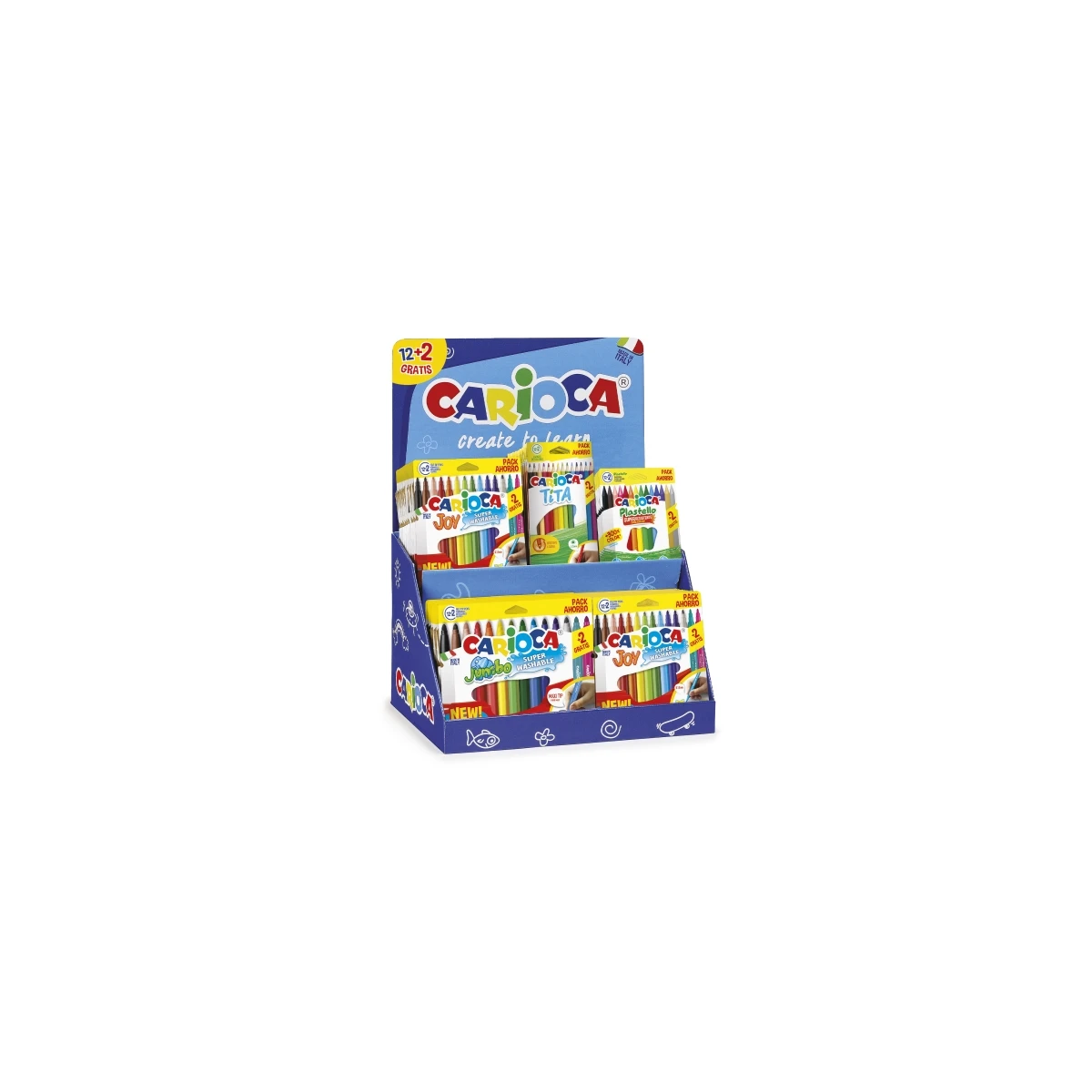 Expositor Carioca 12+2 Inclua 18 Joy Bolsa Papel 12+2, 6 Jumbo Bolsa Papel 12+2, 12 Tita Box 12+2 y 12 Plastello Bolsa Papel 12+2