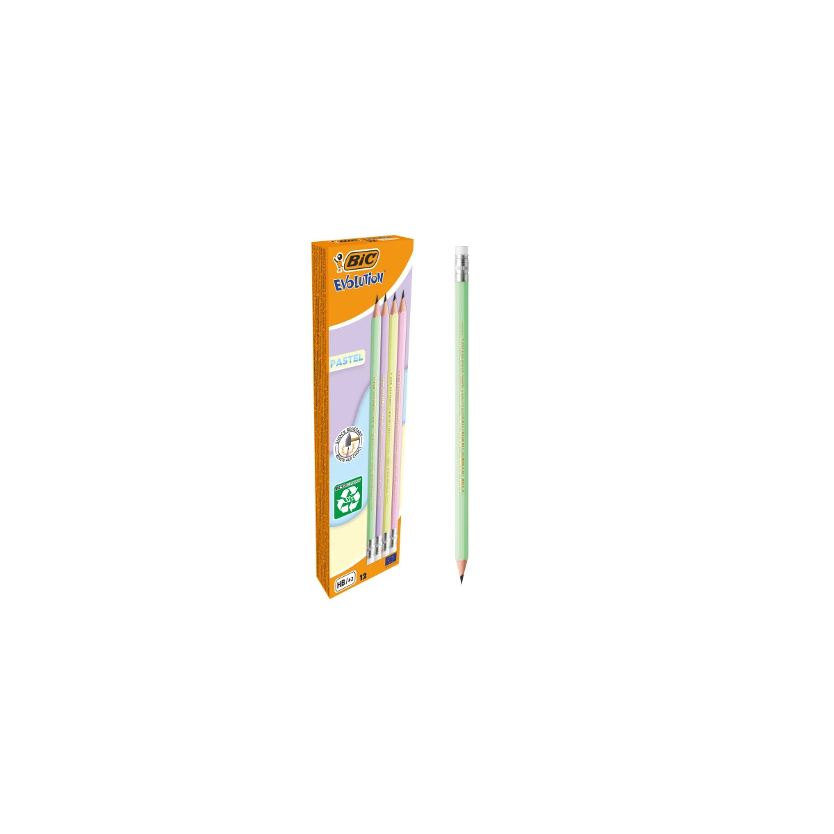 Bic Evolution Pastel Pastel Lapiz de Hexagonal com borracha - Mina HB Ultrarresiste - Son Madera - No Assilla - cores pastel