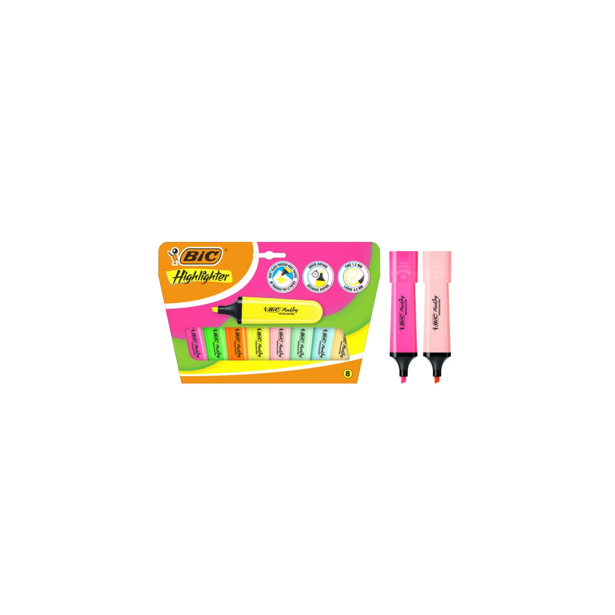 A marca BIC destaca o pacote plano de 8 Marcamers fluorescentes - Bisellada Punta - Trazo entre 1,20 e 4,60 mm - tinta com base de água - colorido neon e pastel