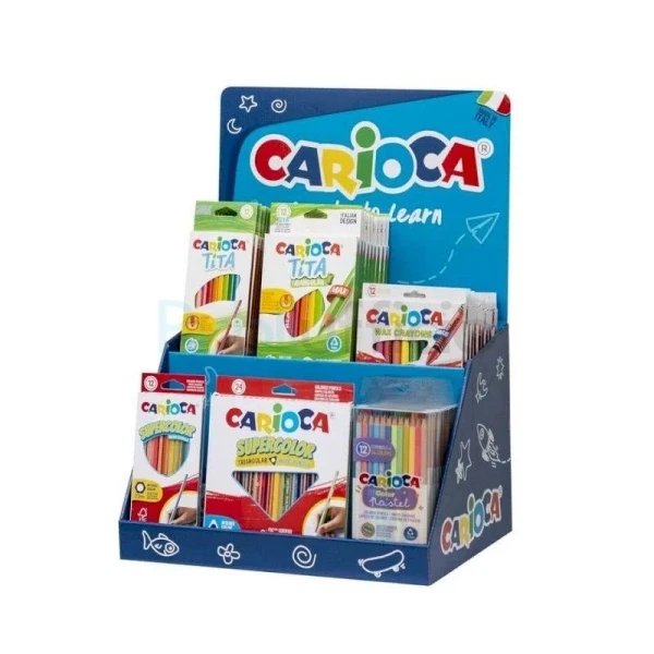 O expositor de carioca de cor inclui 12 anos de caixa titha 12ds, 12 triangular caixa triangular 24us, 4 giz de cera maxi 24uds, 12 "caixa de lápis de bicolor pastel 12us, 12ds de supercolor de pencolor 12ds, 12colores triangulares triangulares, 24uds triangulares, 24Us.