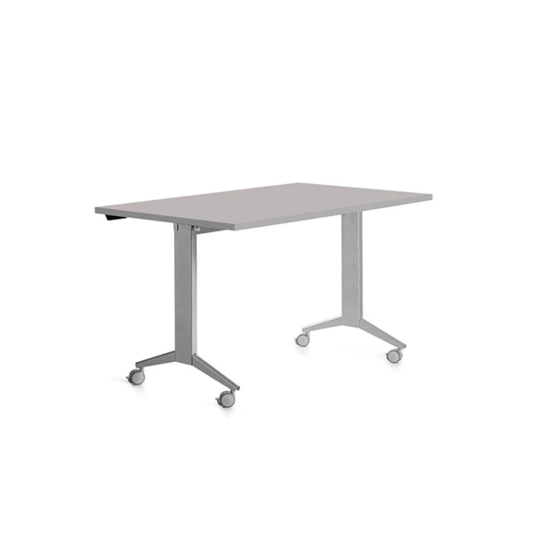 Mesa de escritorio rocada 140x80cm com tabuleiro rebativel 90 acabamento fd02 aluminio/cinza