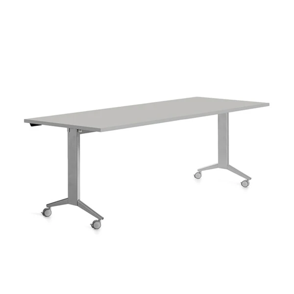 Mesa de escritorio rocada 180x80cm com tabuleiro rebativel 90 acabamento fd02 aluminio/cinza