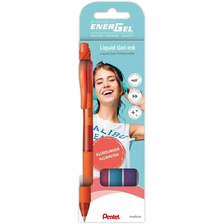 Roller pentel energel bl107 em blister de 4 unidades cores laranja, roxo, azul ceu e rosa