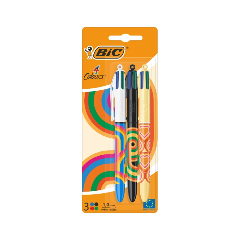 BIC 4 Cores Decors pacote de 3 boligraphs de bola retrátil - Punta Media de 1,0 mm - tinta com base aceita - 4 cores