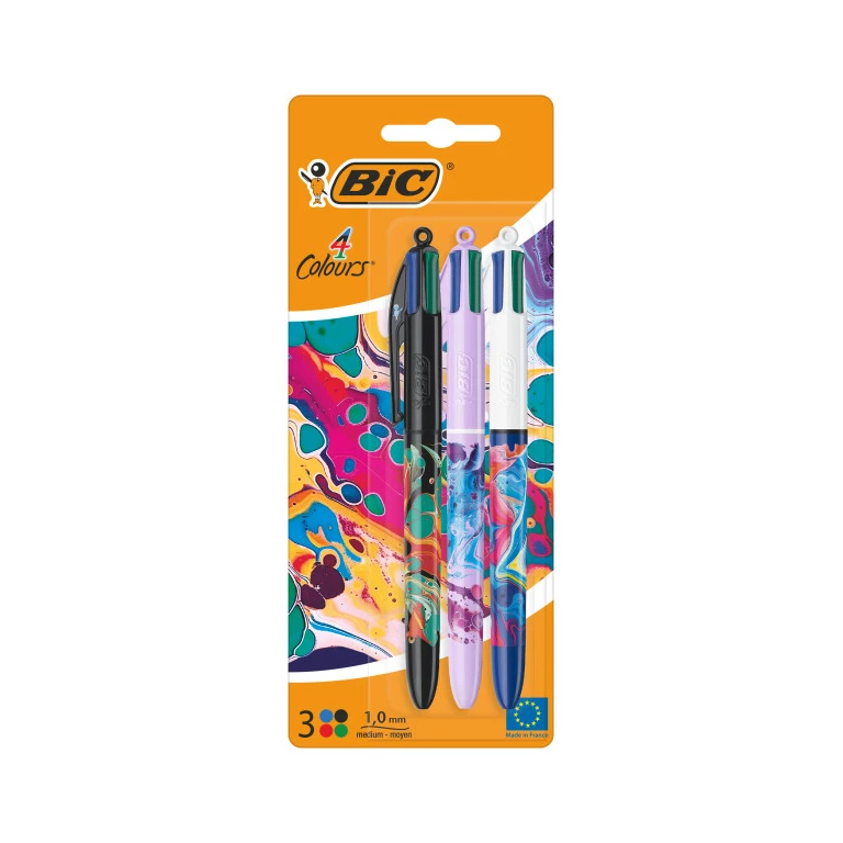 BIC 4 cores decors hydro pacote de 3 boligraphs de bola retrátil - mídia Punta de 1,0 mm - tinta com base aceita - 4 cores