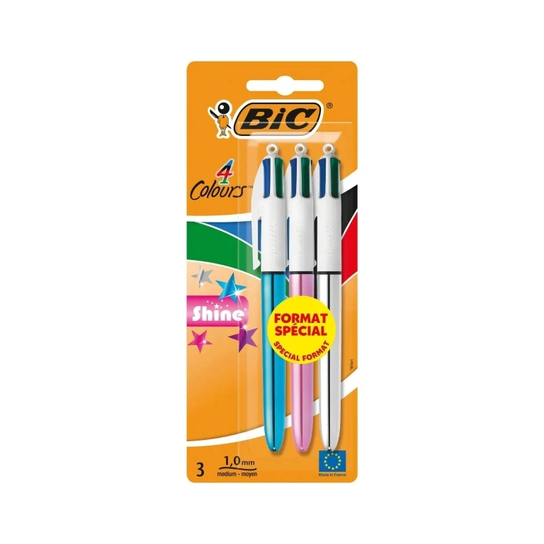 BIC 4 Cores Shine pack 3 boligrafas de bola retrátil - ponta de 1 mm - trazo de 0,4 mm - tinta com aceita base - corppo oro/blanco - 4 cores