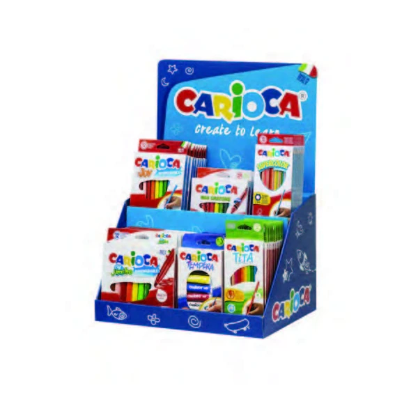 O núcleo expositor de carioca incluiu 8 box de joy 12uds, 12 lápis Box 12ds, 6 tubos de temperos 12ml x 5uds, 6 box jumbo 12uds, 12 titha box 12uds, 4 maxi cera Crayons 24uds 24uds