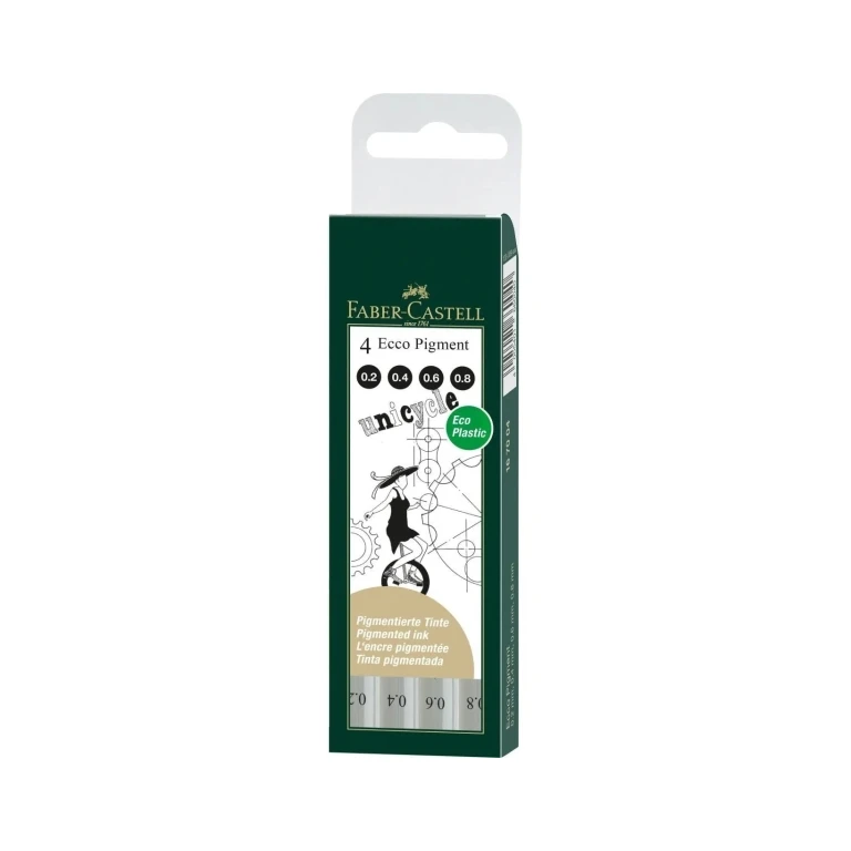 Faber -Castell Ecco Pack Pack de 4 Calibrados Calibraders 0,2, 0,4, 0,6, 0,8 mm - Punta Engasada em metal - resistente a tinta pigmentada à água e Luz - cor negra