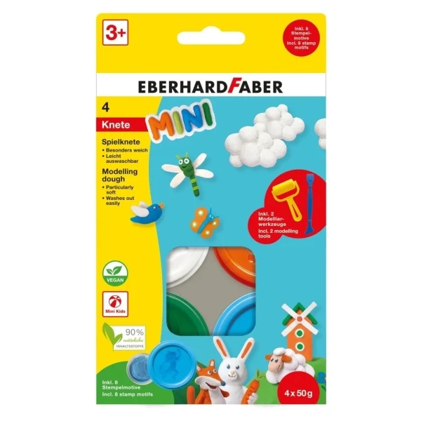 Eberhard Faber Mini Kids Pack com 4 botas 50g de pasta de modelagem + 2 herramiências - 90% de ingredientes naturais - fácil de lavar - colorido blanco, Naranja, Verde e Azul