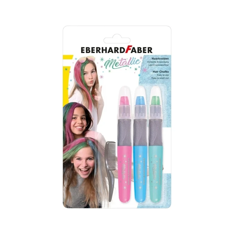 Eberhard Faber 3 Tizas metálicos para cabello + 1 mini peine - aplique nos cabelos secos - use o peine para dispensar a cor - fácil de lavar - cor rosa, azul, metalizada verde