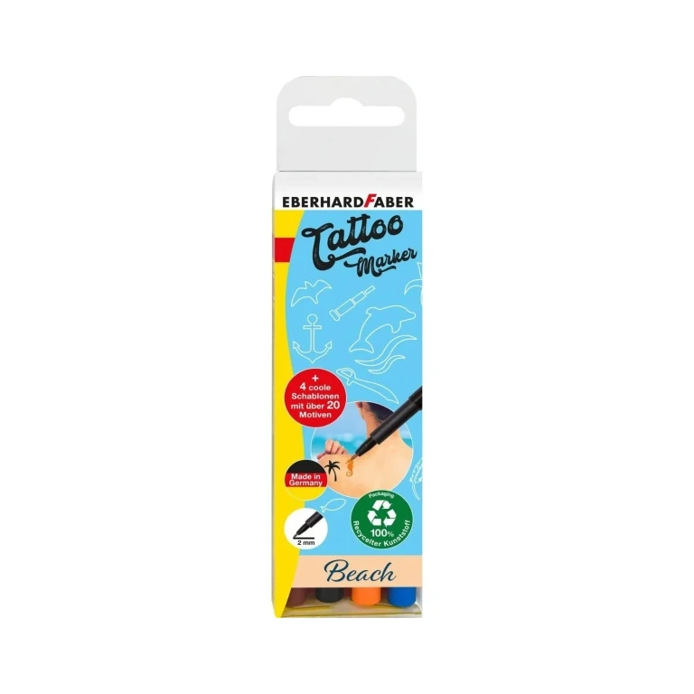 Eberhard Faber Tattoo Marker Beach Pack de 4 rótulos para tatuagem temporária + 4 placas com mas de 20 motivos - seco 5min - permanência 60h - cores Naranja, Marron, Azul e Negro
