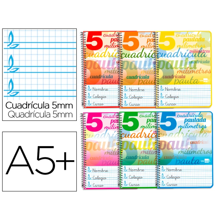Bloc espiral liderpapel tapa cartoncillo cuarto 40 hojas cuadriculado pautado 5 mm 70 grs colores surtidos