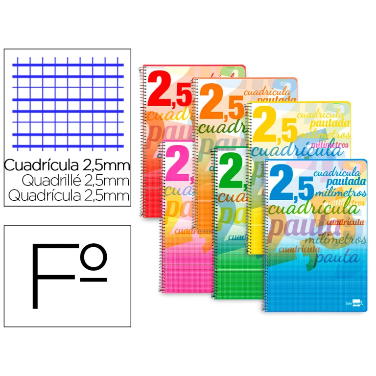 Bloc espiral liderpapel tapa extradura folio 80 hojas cuadriculado pautado 2,5 mm 70 grs con margen colores