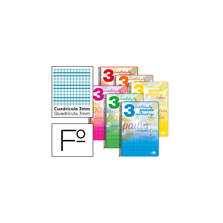 Bloc espiral liderpapel tapa extradura folio 80 hojas cuadriculado pautado 3 mm 70 grs con margen colores