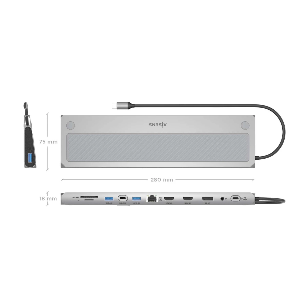 AISENS ASUC-12P020-GR base & duplicador de portas Com fios USB 3.2 Gen 1 (3.1 Gen 1) Type-C Cinzento
