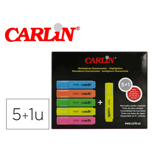 Rotulador carlin fluorescente punta biselada caja de 5+1 unidades colores surtidos